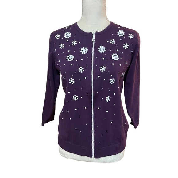 Womens Zip Up Cardigan 90s Clueless Daisy Flowers Sz Small Purple - Picture 1 of 6